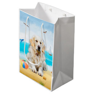 Golden Retriever Dog on Beach Medium Gift Bag