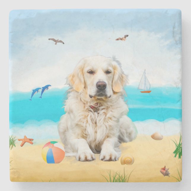 Golden Retriever Dog on Beach Stone Coaster (Front)