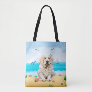 Golden Retriever Dog on Beach Tote Bag