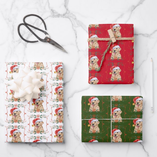 Golden Retriever Dog Pattern Christmas Wrapping Paper Sheet (Front)