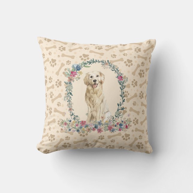 Golden Retriever Dog Paw Print & Floral Cute Cushion (Front)