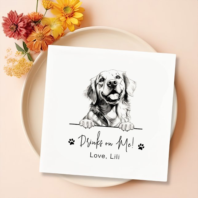 Golden Retriever Dog Personalised Drinks On Me Napkin (Creator Uploaded)
