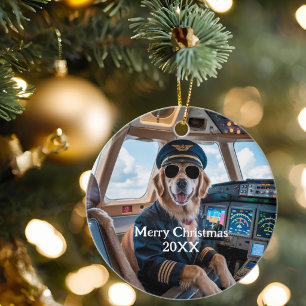 Golden Retriever Dog Pilot Funny Christmas Ceramic Tree Decoration