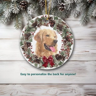 Golden Retriever Dog Pinecone Wreath Personalised Ceramic Tree Decoration