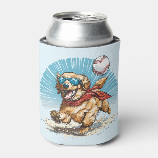 Golden Retriever Dog Playing Baseball Can Cooler (Can Front)