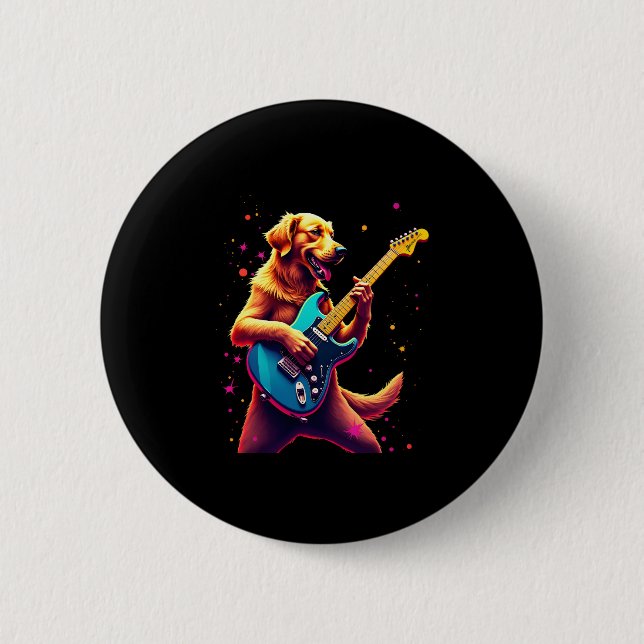 Golden Retriever dog Playing Electric Guitar Rock  6 Cm Round Badge (Front)