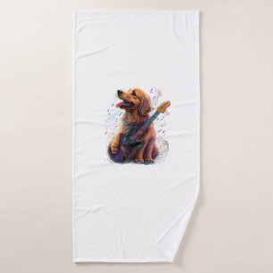 Golden Retriever dog Playing Electric Guitar Rock Bath Towel