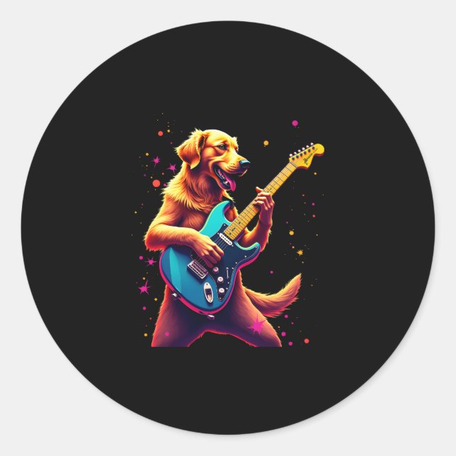 Golden Retriever dog Playing Electric Guitar Rock  Classic Round Sticker (Front)