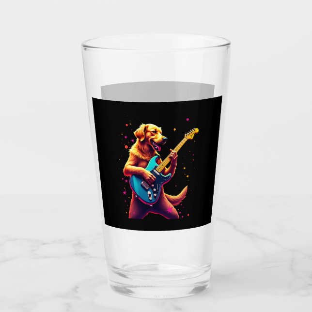 Golden Retriever dog Playing Electric Guitar Rock  Glass (Front)