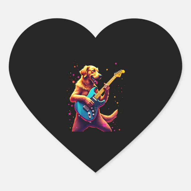 Golden Retriever dog Playing Electric Guitar Rock  Heart Sticker (Front)