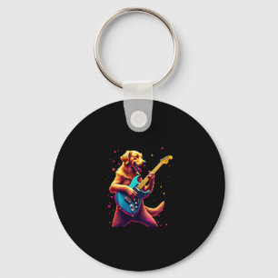 Golden Retriever dog Playing Electric Guitar Rock  Key Ring