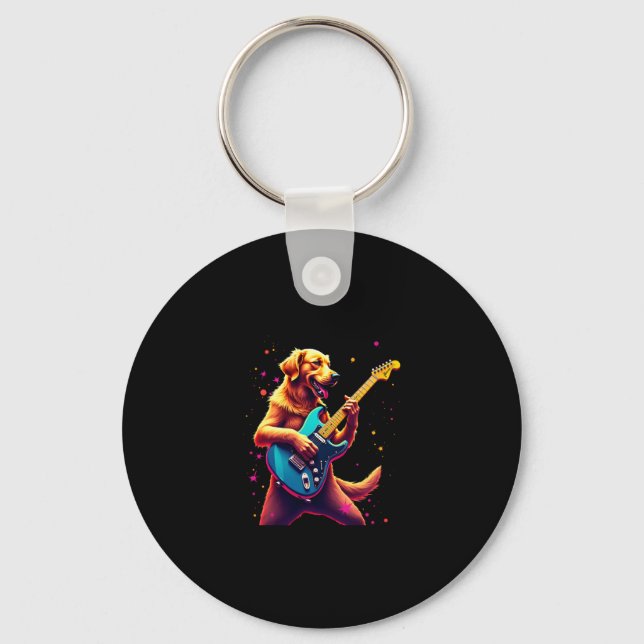 Golden Retriever dog Playing Electric Guitar Rock  Key Ring (Front)