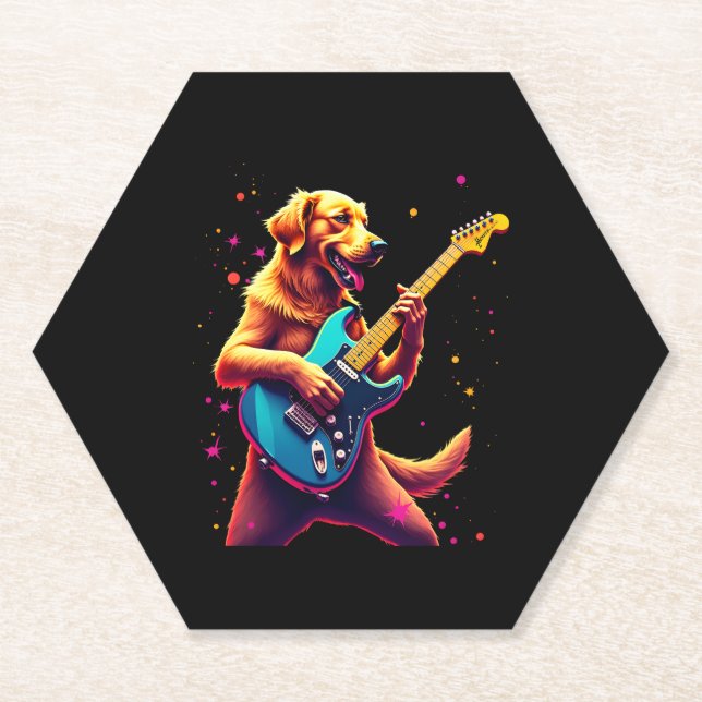Golden Retriever dog Playing Electric Guitar Rock  Paper Coaster (Front)