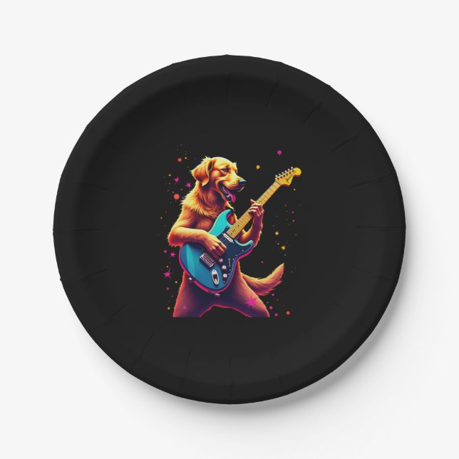 Golden Retriever dog Playing Electric Guitar Rock  Paper Plate (Front)