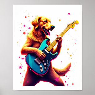 Golden Retriever dog Playing Electric Guitar Rock Poster