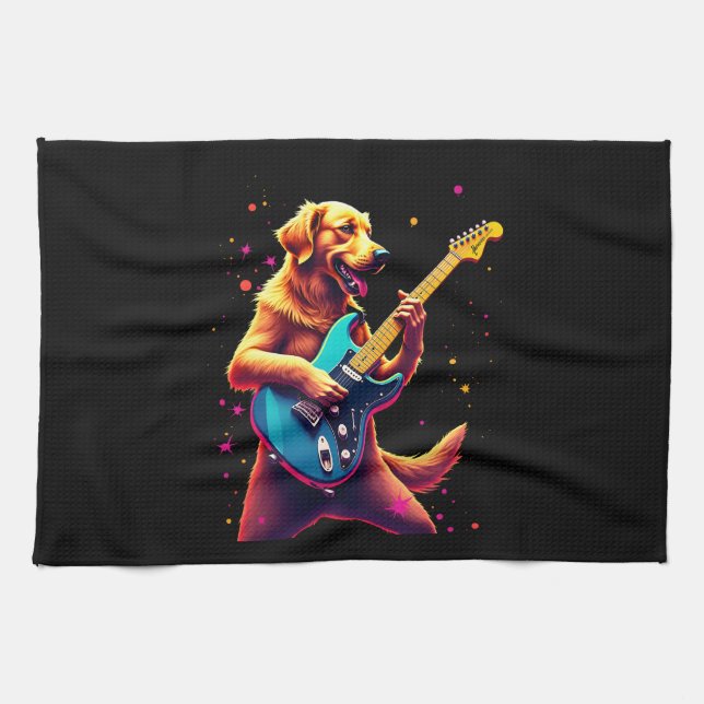 Golden Retriever dog Playing Electric Guitar Rock  Tea Towel (Horizontal)