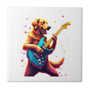 Golden Retriever dog Playing Electric Guitar Rock Tile