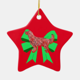 Golden Retriever Dog Red & Green Bow Christmas Ceramic Tree Decoration