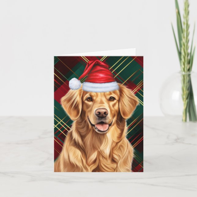 Golden Retriever Dog Red Green Plaid Christmas Holiday Card (Front)