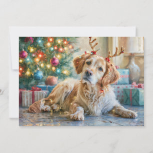Golden Retriever Dog Reindeer Antlers Christmas  Holiday Card