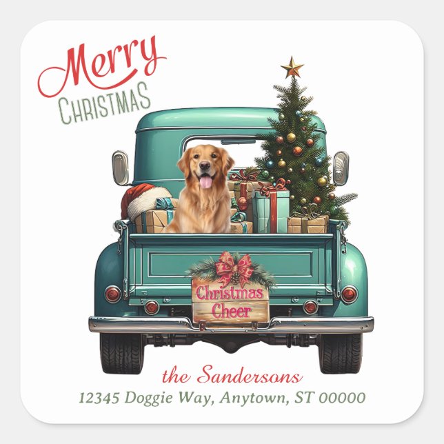 Golden Retriever Dog Retro Truck Christmas Square Sticker (Front)