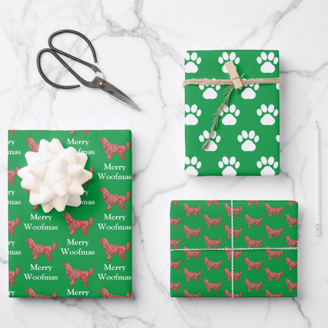 Golden Retriever Dog Silhouette Gren Merry Woofmas Wrapping Paper Sheet (Front)