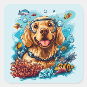 Golden Retriever Dog Snorkeling Coral Reef Square Sticker