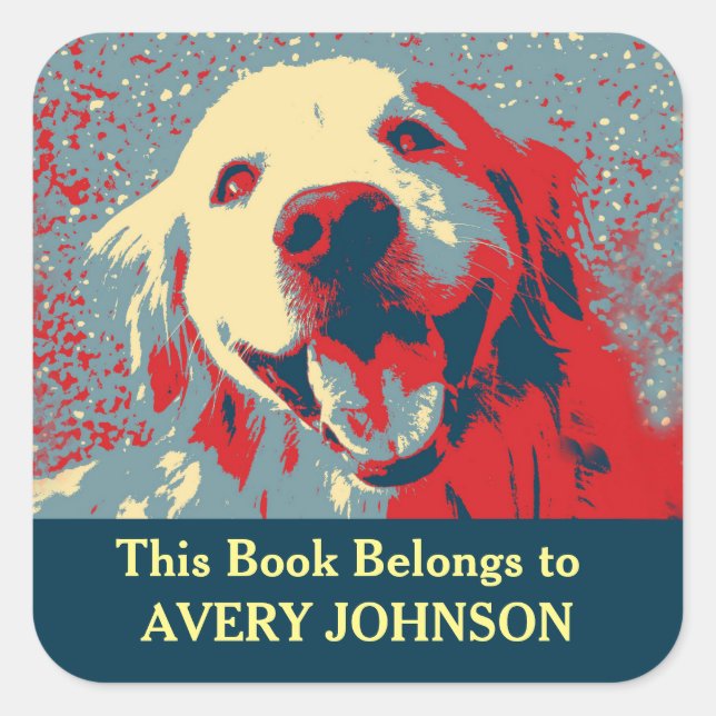 Golden Retriever Dog Stylised Custom Bookplate Square Sticker (Front)