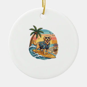 Golden Retriever Dog Surfing Surfboard Sunset Palm Ceramic Tree Decoration