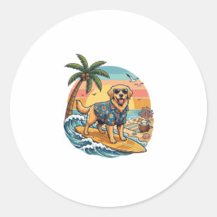 Golden Retriever Dog Surfing Surfboard Sunset Palm Classic Round Sticker
