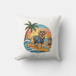 Golden Retriever Dog Surfing Surfboard Sunset Palm Cushion