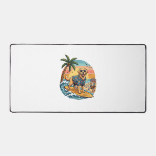 Golden Retriever Dog Surfing Surfboard Sunset Palm Desk Mat