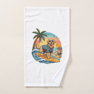 Golden Retriever Dog Surfing Surfboard Sunset Palm Hand Towel