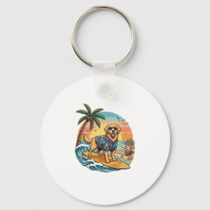 Golden Retriever Dog Surfing Surfboard Sunset Palm Key Ring