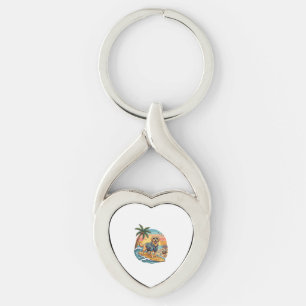 Golden Retriever Dog Surfing Surfboard Sunset Palm Key Ring