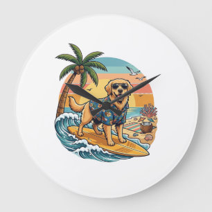Golden Retriever Dog Surfing Surfboard Sunset Palm Large Clock