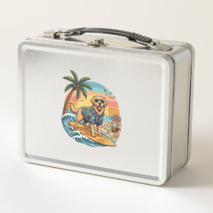 Golden Retriever Dog Surfing Surfboard Sunset Palm Metal Lunch Box