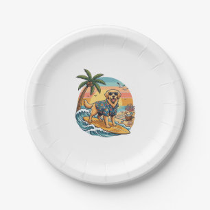 Golden Retriever Dog Surfing Surfboard Sunset Palm Paper Plate