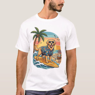 Golden Retriever Dog Surfing Surfboard Sunset Palm T-Shirt