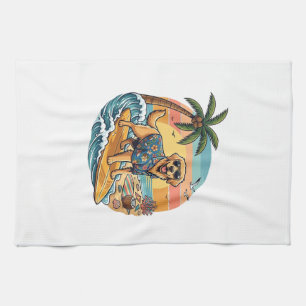 Golden Retriever Dog Surfing Surfboard Sunset Palm Tea Towel