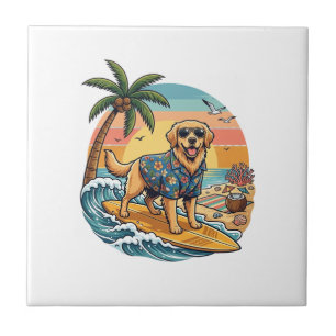 Golden Retriever Dog Surfing Surfboard Sunset Palm Tile