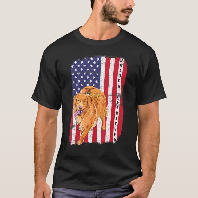 Golden Retriever Dog US Flag Happy July 4th Americ T-Shirt (Front)
