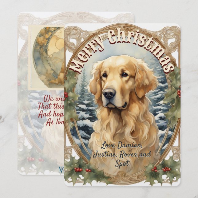 Golden Retriever Dog Vintage Christmas Card (Front/Back)
