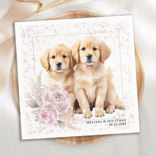 Golden Retriever Dog Vintage Pink Floral Wedding Napkin