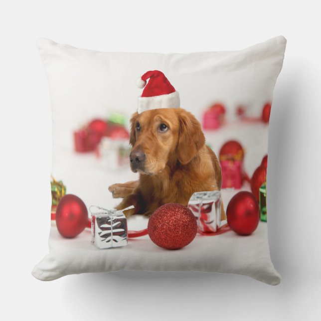 Golden Retriever Dog W Red Santa Hat Christmas Cushion (Front)