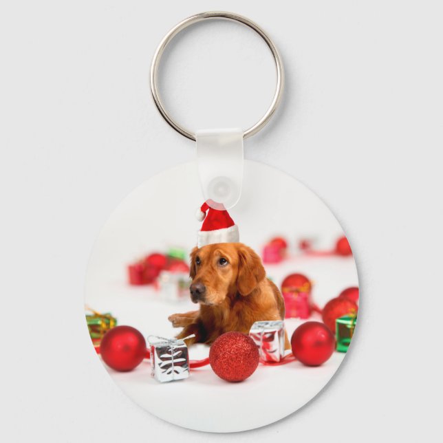 Golden Retriever Dog W Red Santa Hat Christmas Key Ring (Front)