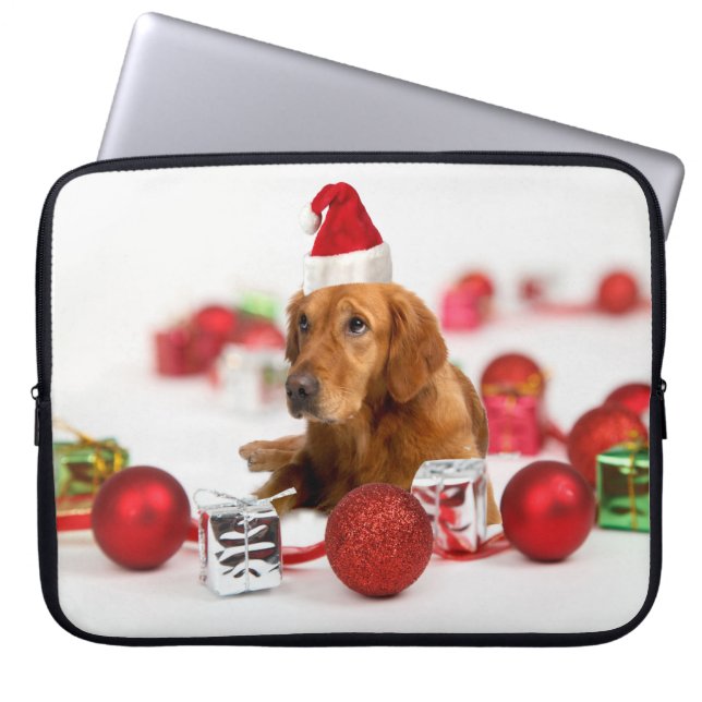 Golden Retriever Dog W Red Santa Hat Christmas Laptop Sleeve (Front)