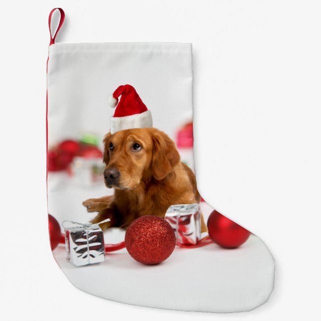 Golden Retriever Dog W Red Santa Hat Christmas Small Christmas Stocking (Front)