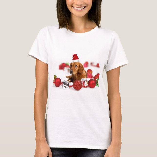 Golden Retriever Dog W Red Santa Hat Christmas T-Shirt (Front)