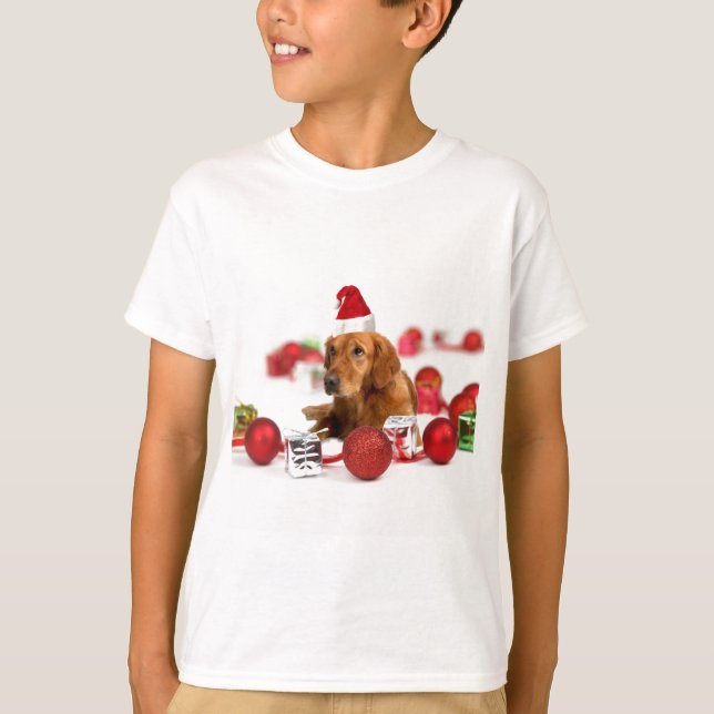 Golden Retriever Dog W Red Santa Hat Christmas T-Shirt (Front)